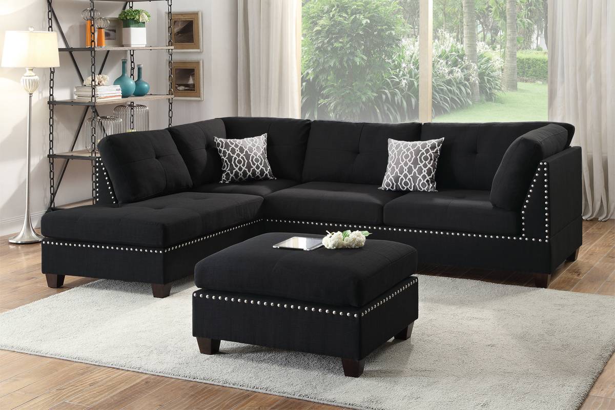3 Pcs Reversible Sectional Sofa Set W/ Ottoman-Black