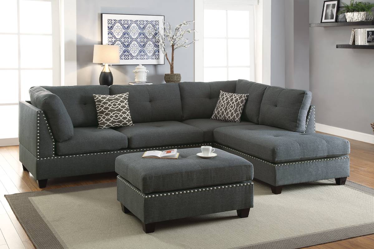 3 Pcs Reversible Sectional Sofa Set W/ Ottoman-Blue Grey