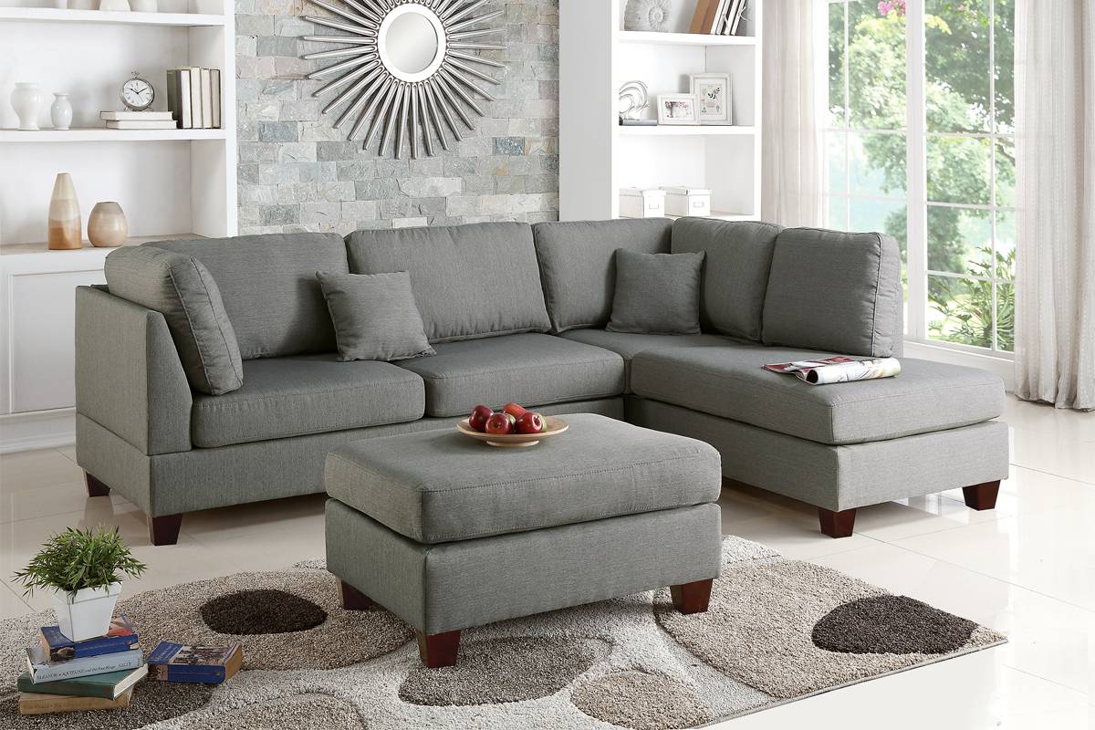 3 Pcs Set Reversible Sectional Sofa Set W/ Ottoman-Grey