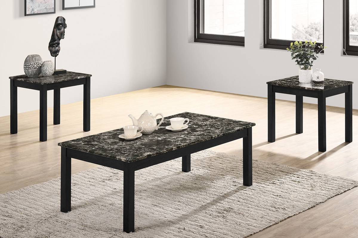 3 Pcs Marble Black Faux Marble Top Coffee Table Set