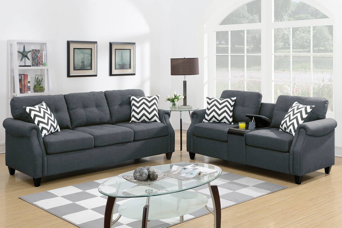 2 Pcs Sofa & Loveseat w/ USB Console Blue Grey