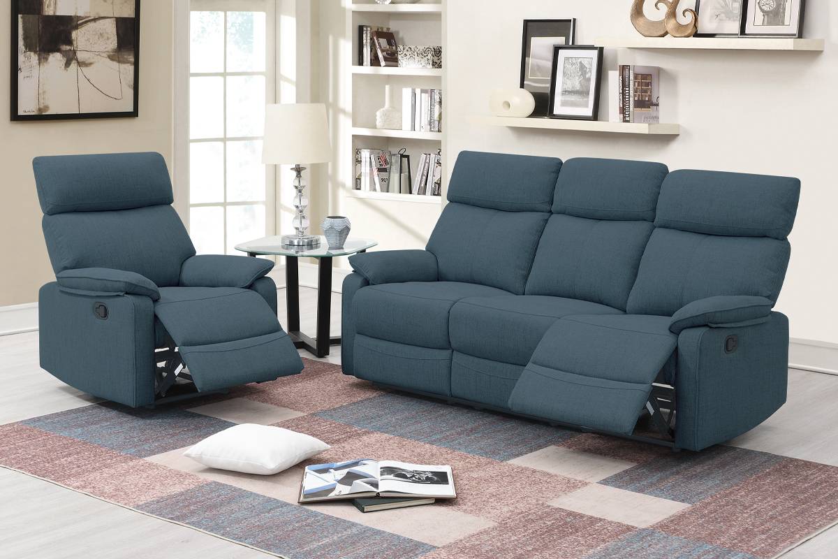 Motion Sofa & Single Recliner Set Dark Blue