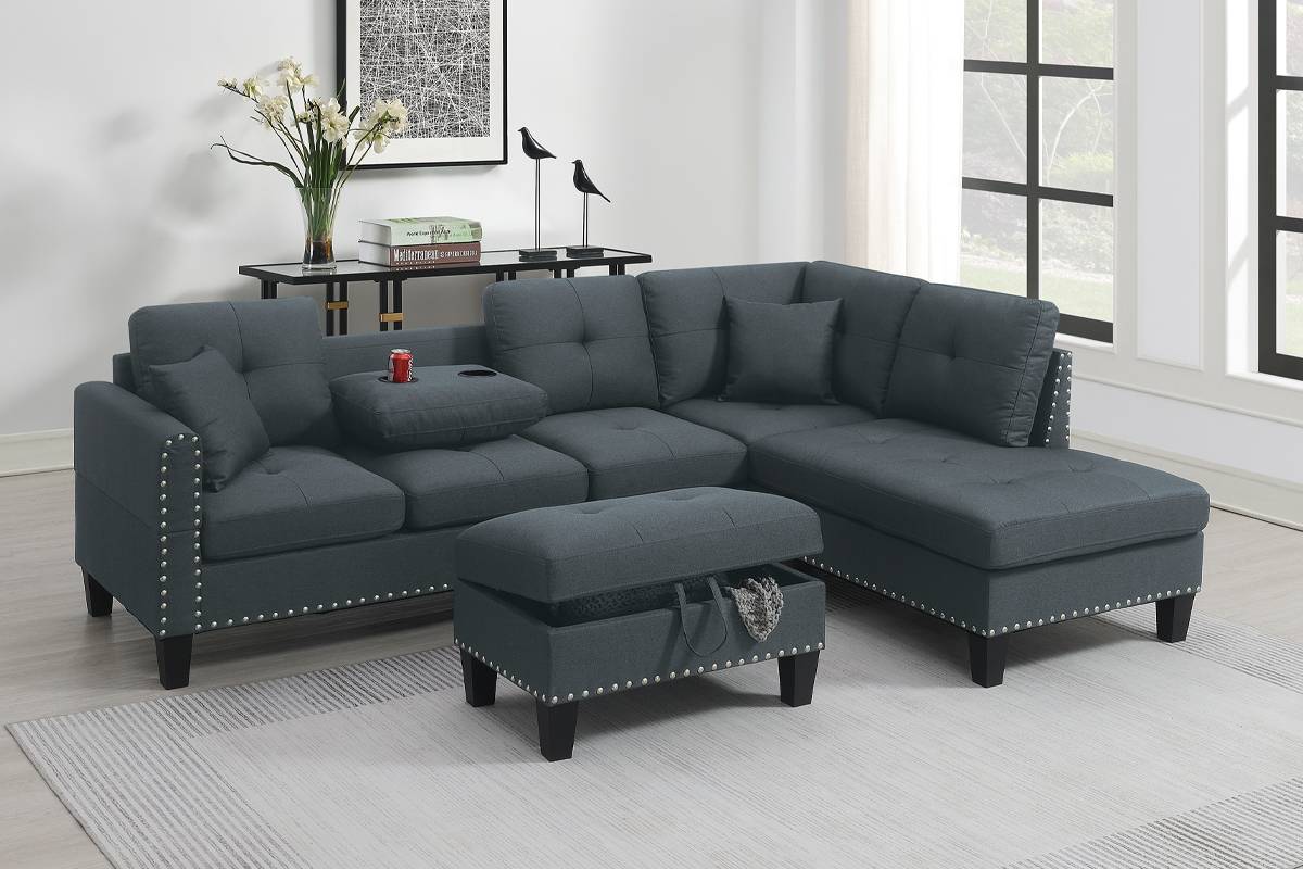 3 Pcs Set Sectional Sofa W/ Storage Ottoman-Charcoal