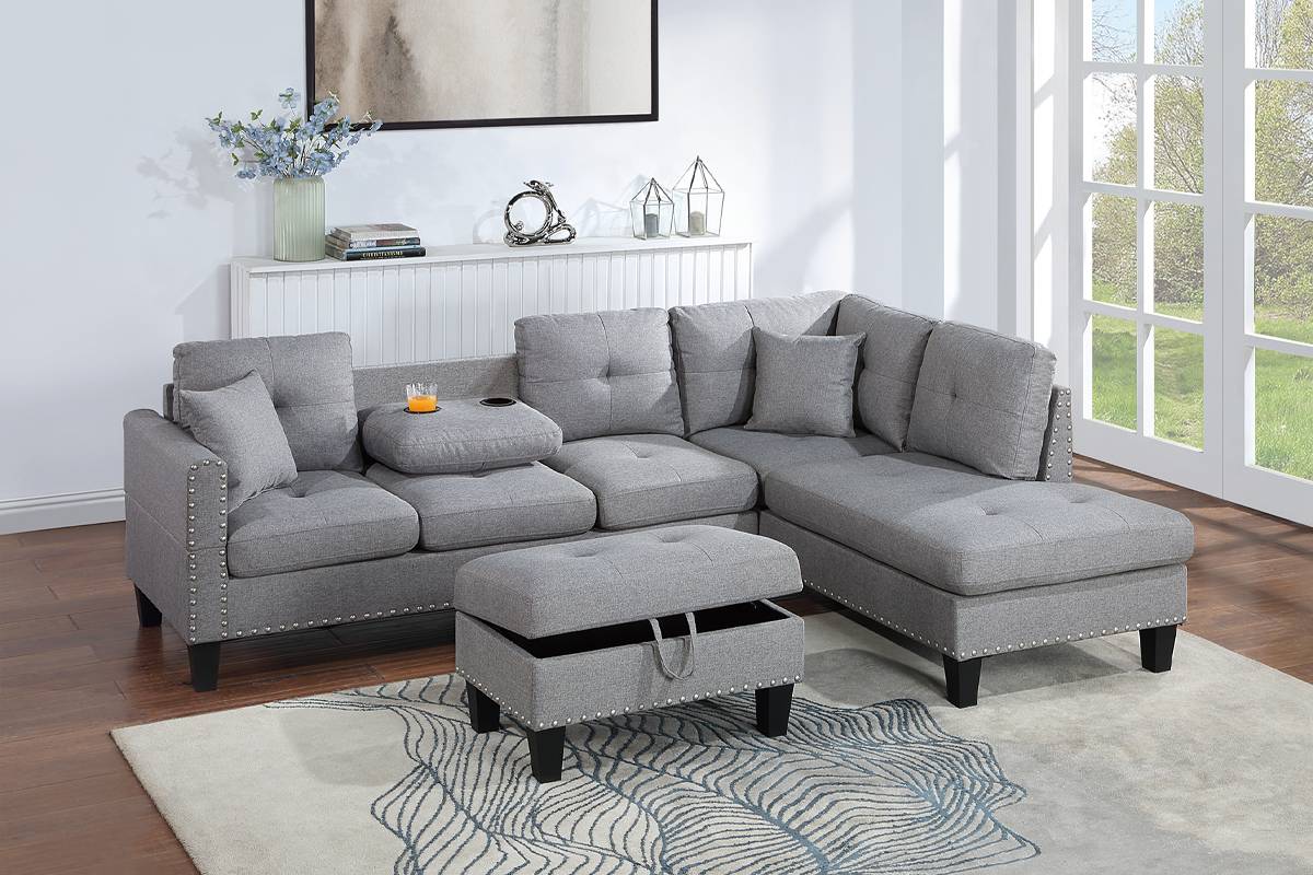 3 Pcs Set Sectional Sofa W/ Storage Ottoman-Taupe Grey