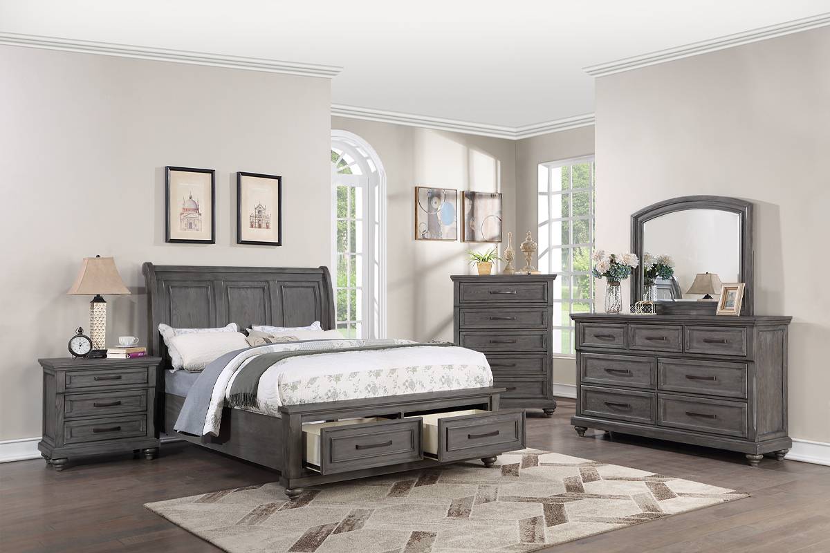 Queen Size Bed Grey w/ 2 Under Bed Drawers