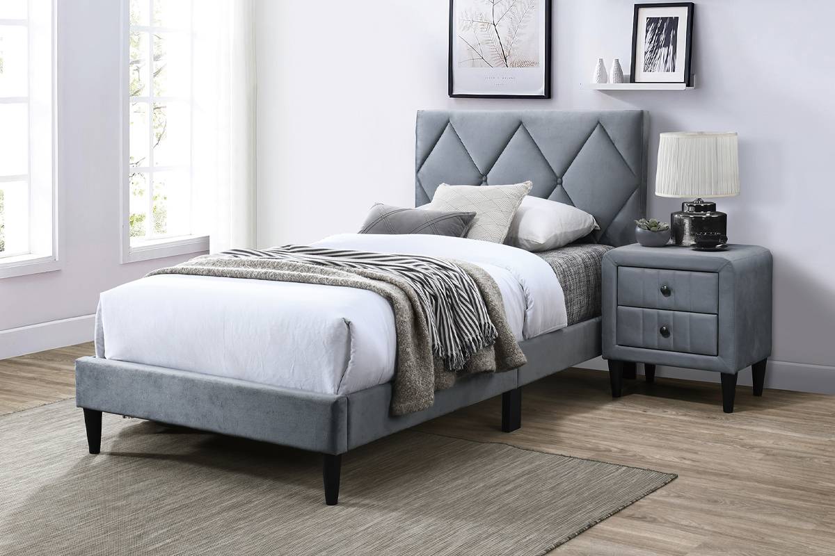 Twin Size Bed Grey Adjustable Headboard