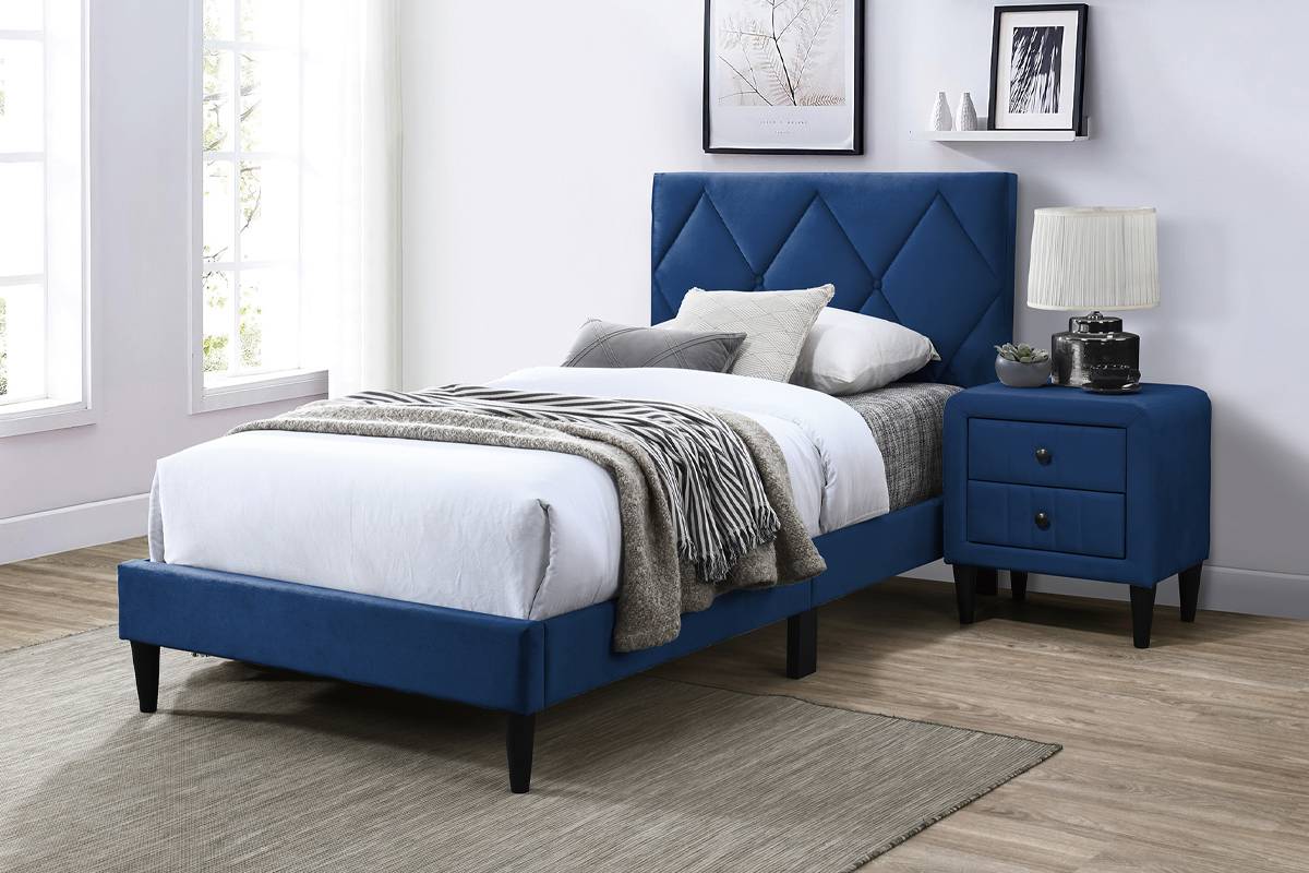 Twin Size Bed Navy Blue Adjustable Headboard