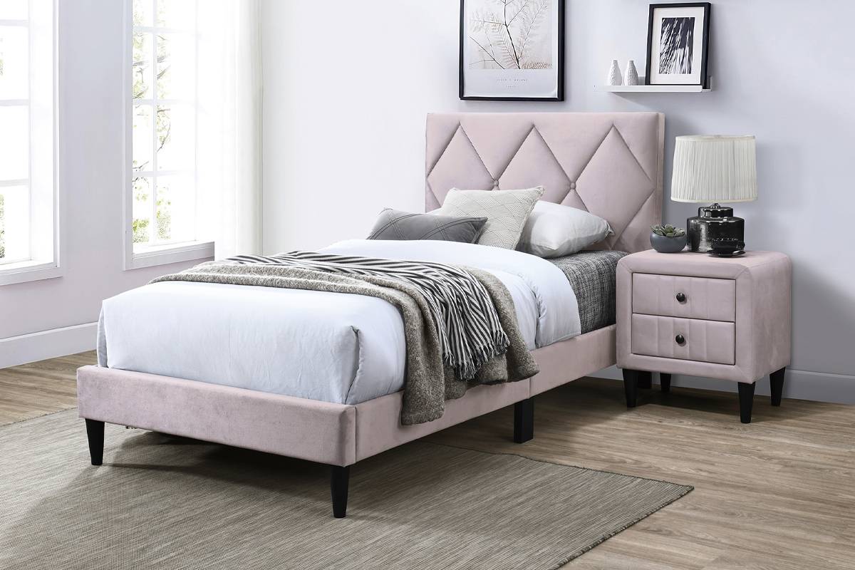 Twin Size Bed Light Pink Adjustable Headboard