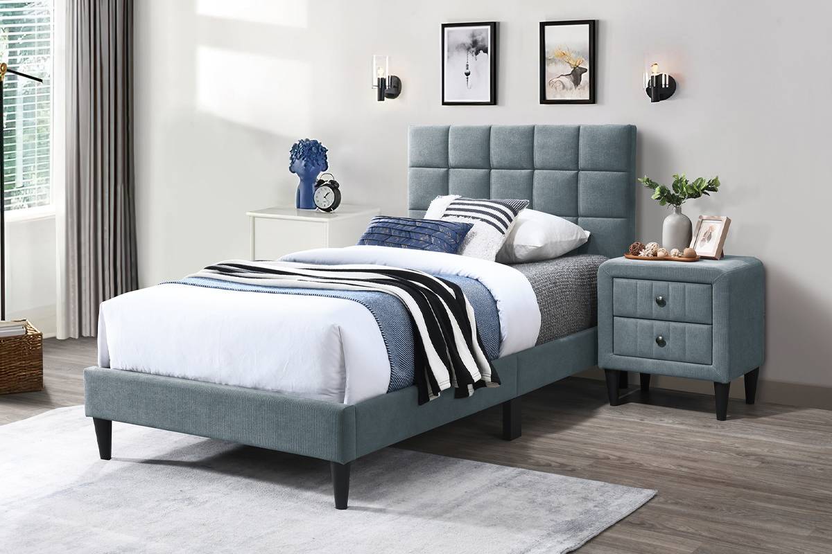 Twin Size Bed Grey Adjustable Headboard