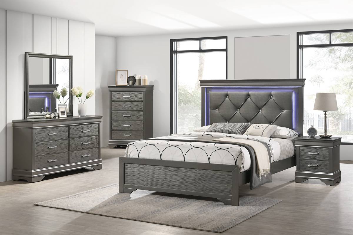 Queen Size Bed Grey Built-In LED Lights