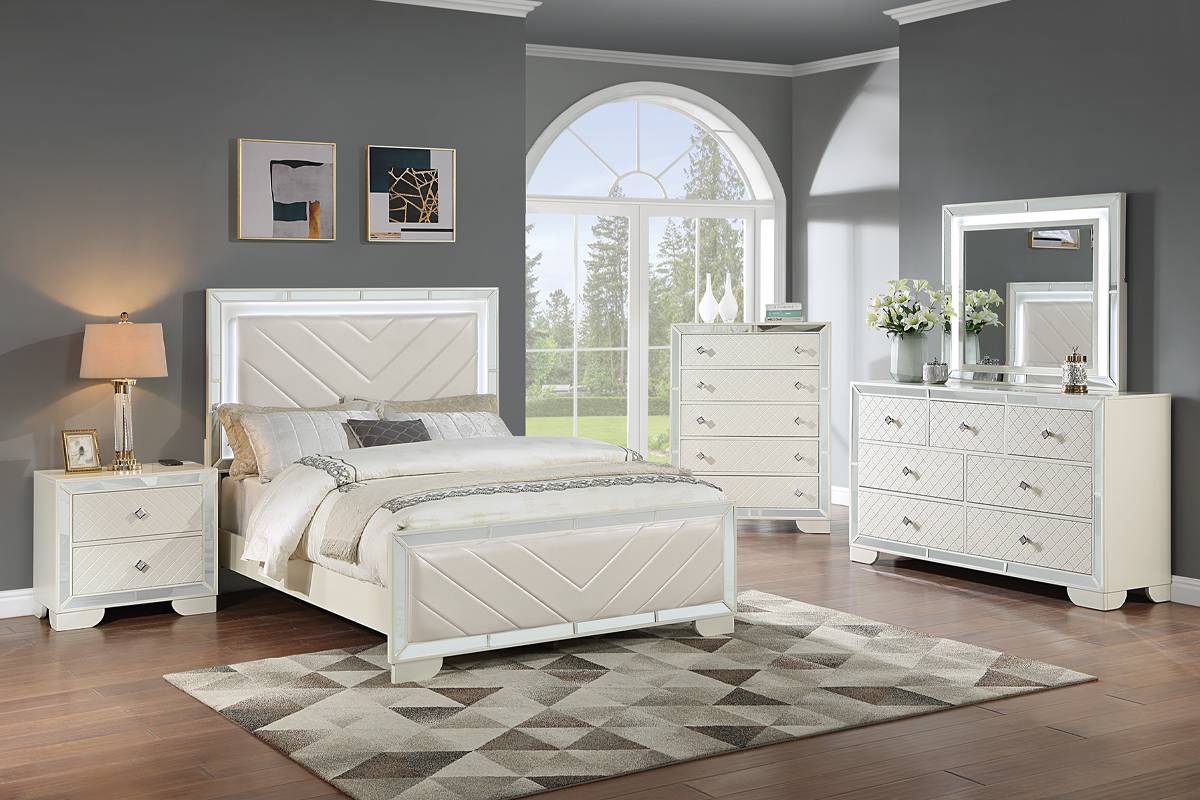 Queen Size Bed Cream Built-In LED Lights