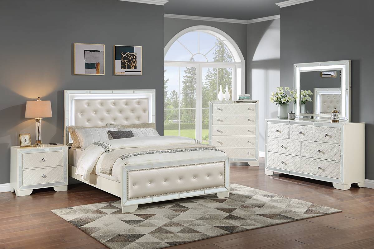 Queen Size Bed Cream Built-In LED Lights