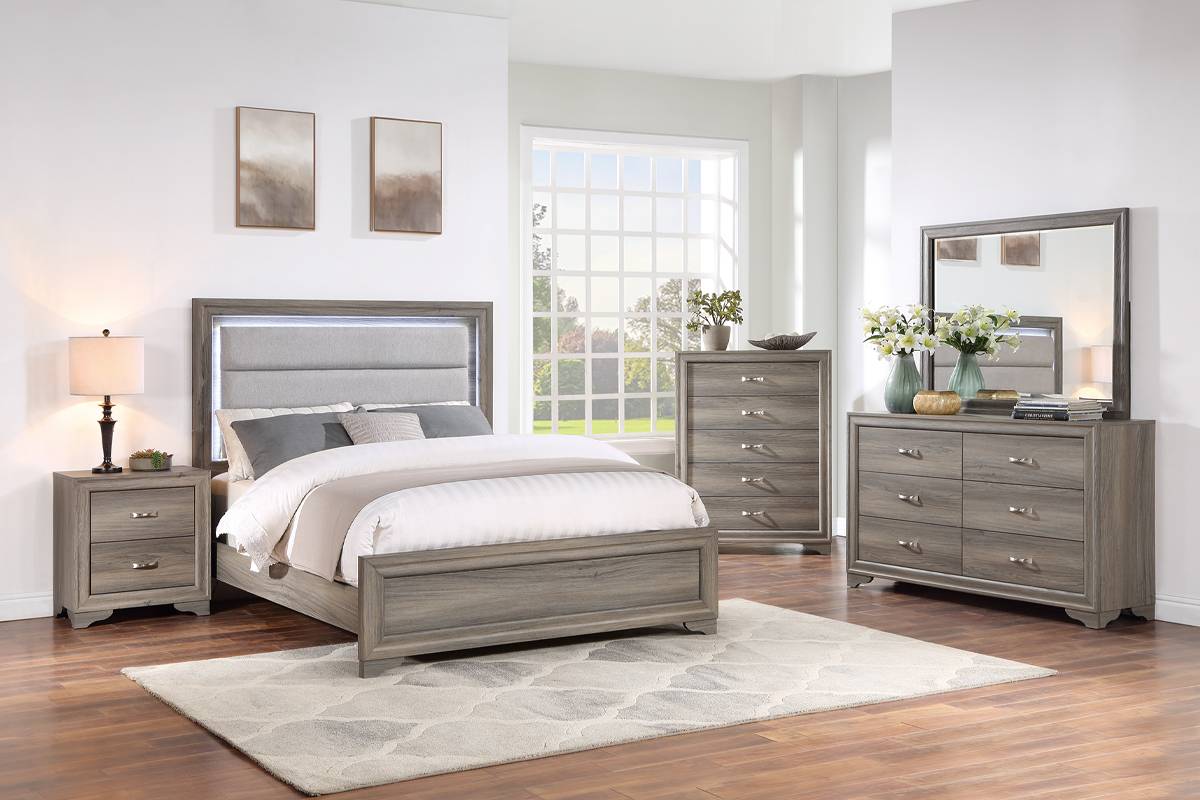 Eastern King Bed Light Brown Built-In LED Lights