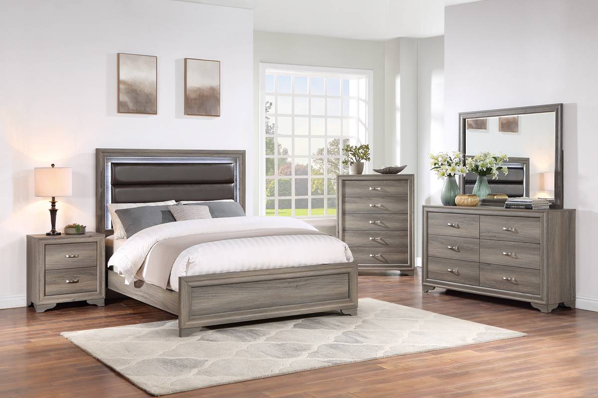 Queen Size Bed Light Brown Built-In LED Lights
