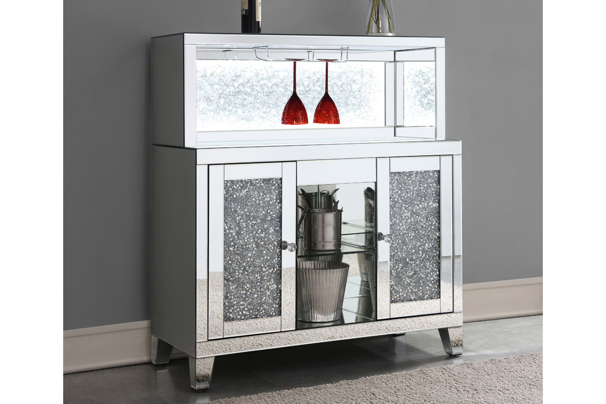 Yvaine 2-Door Mirrored Wine Cabinet With Faux Crystal Inlay Silver