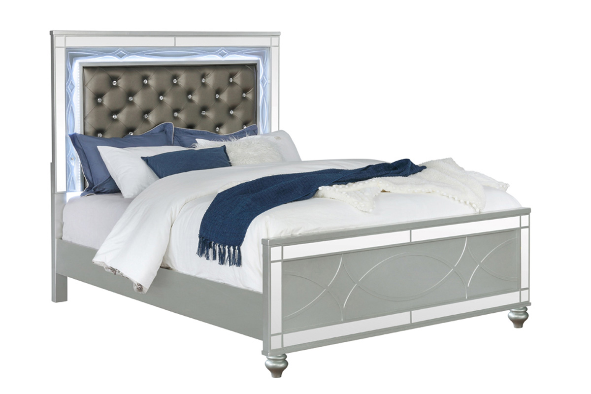 Gunnison Queen Panel Bed With LED Lighting Silver Metallic
