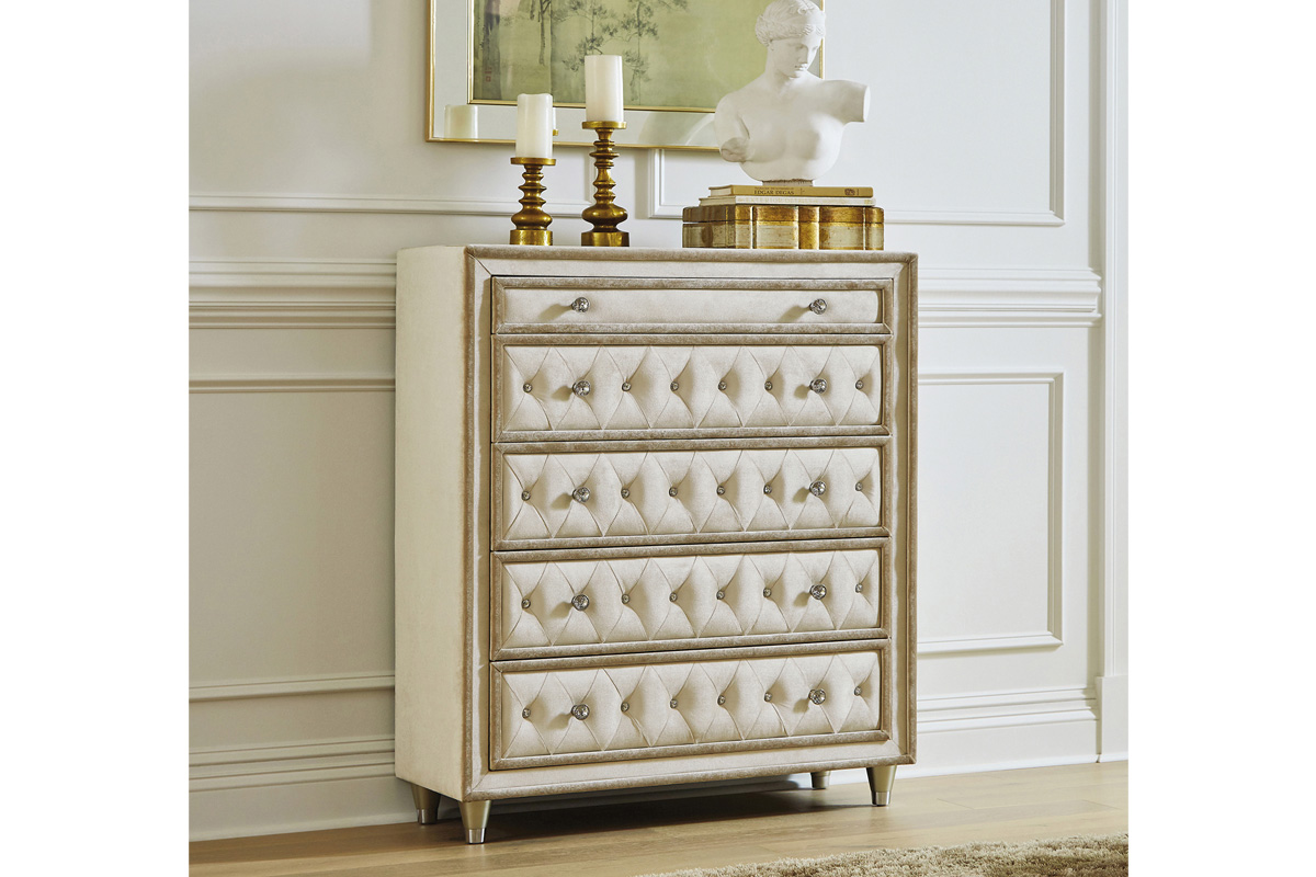 Antonella 5-Drawer Upholstered Chest Ivory And Camel