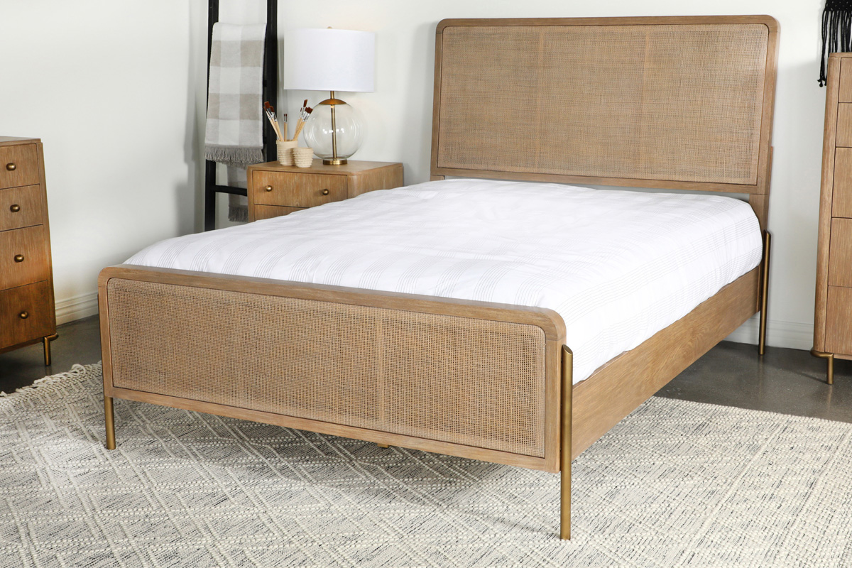 Arini Upholstered Queen Panel Bed Sand Wash And Natural Cane