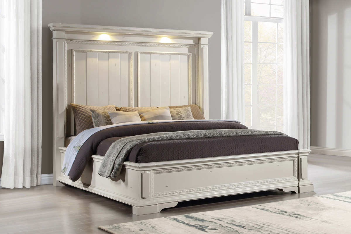 Evelyn Queen Panel Bed With Headboard Lighting Antique White