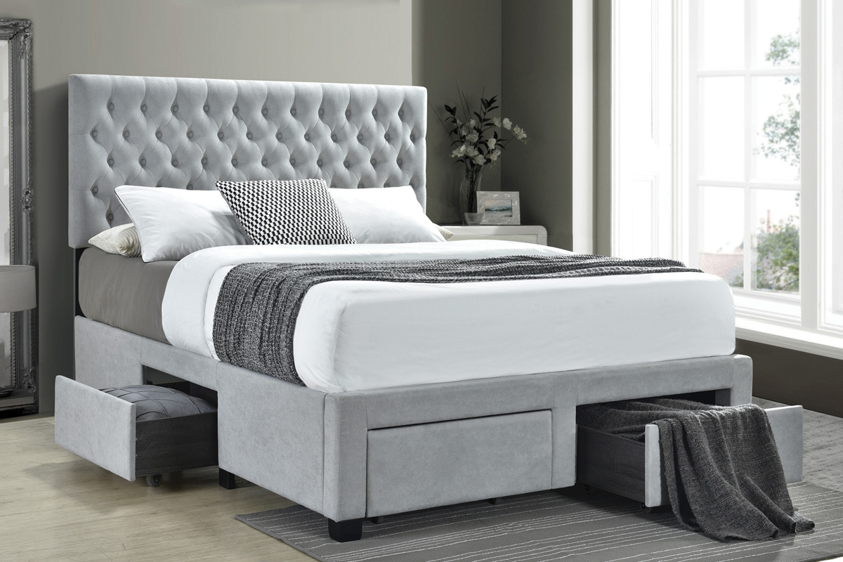 Soledad Full 4-Drawer Button Tufted Storage Bed Light Grey