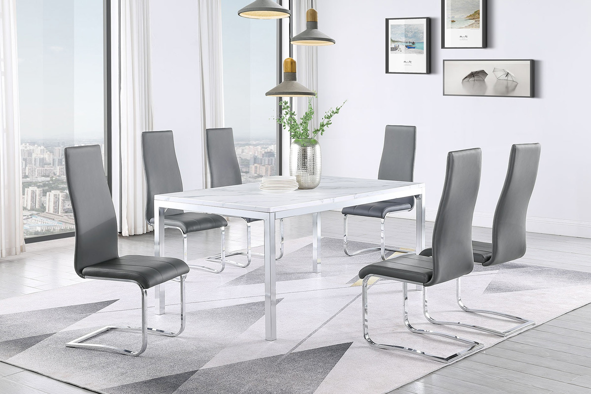 7 Pcs Set Athena Dining Table With Marble Top Chrome w/ Grey Chairs