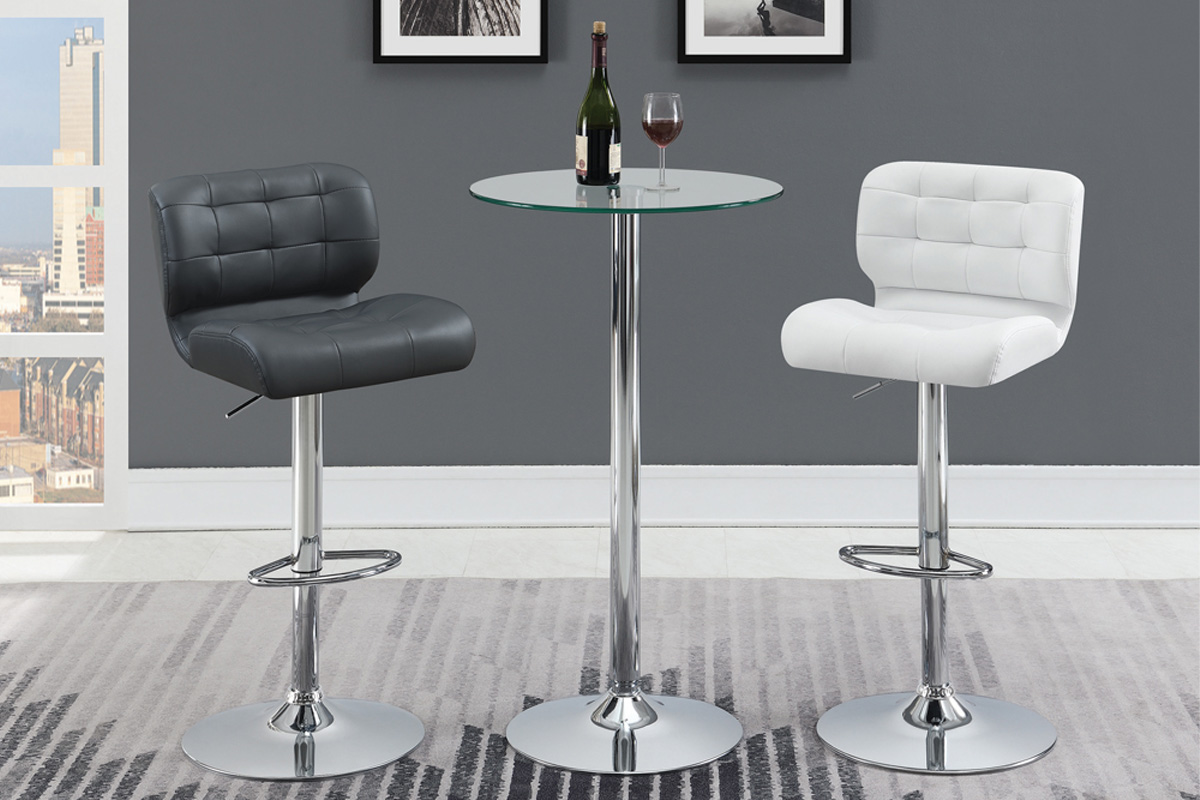 3 Pcs Set Abiline Glass Top Round Bar Table Chrome w/ 2 White Bar Stools