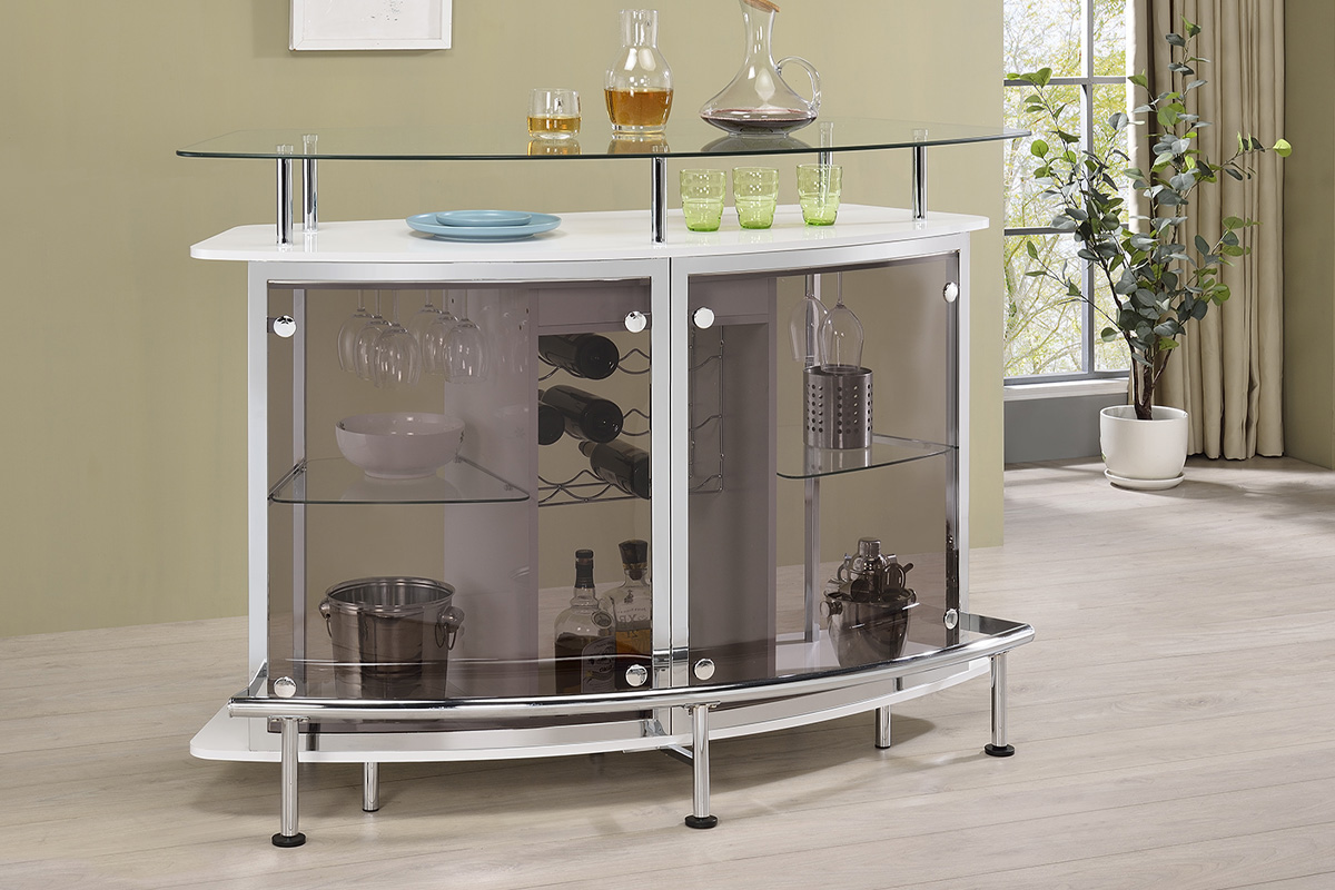 Gideon Crescent Shaped Glass Top Bar Unit With Drawer White