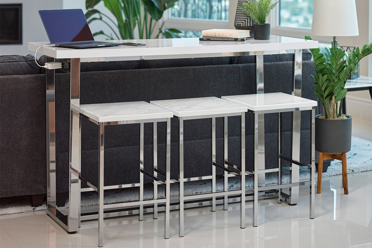 4 Pcs Set Marmot Rectangular Counter Height Set White Marble And Chrome