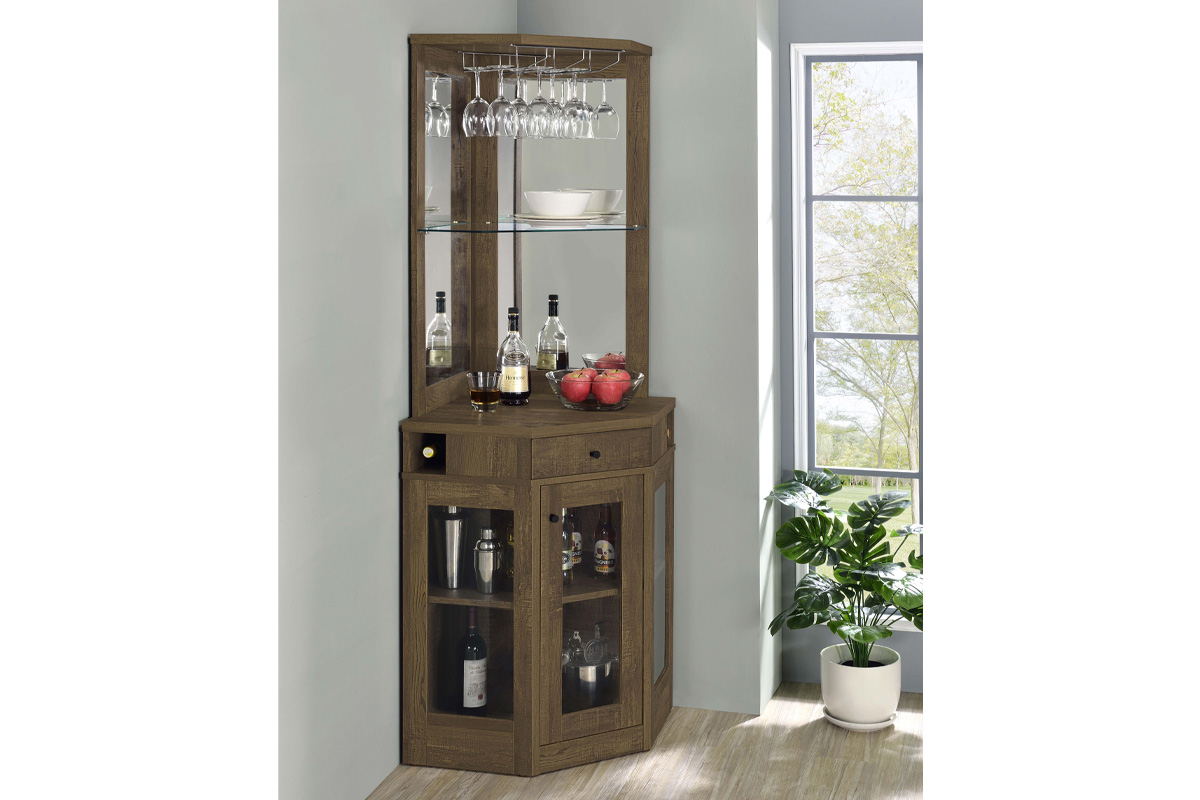 Alviso Corner Bar Cabinet With Stemware Rack Rustic Oak