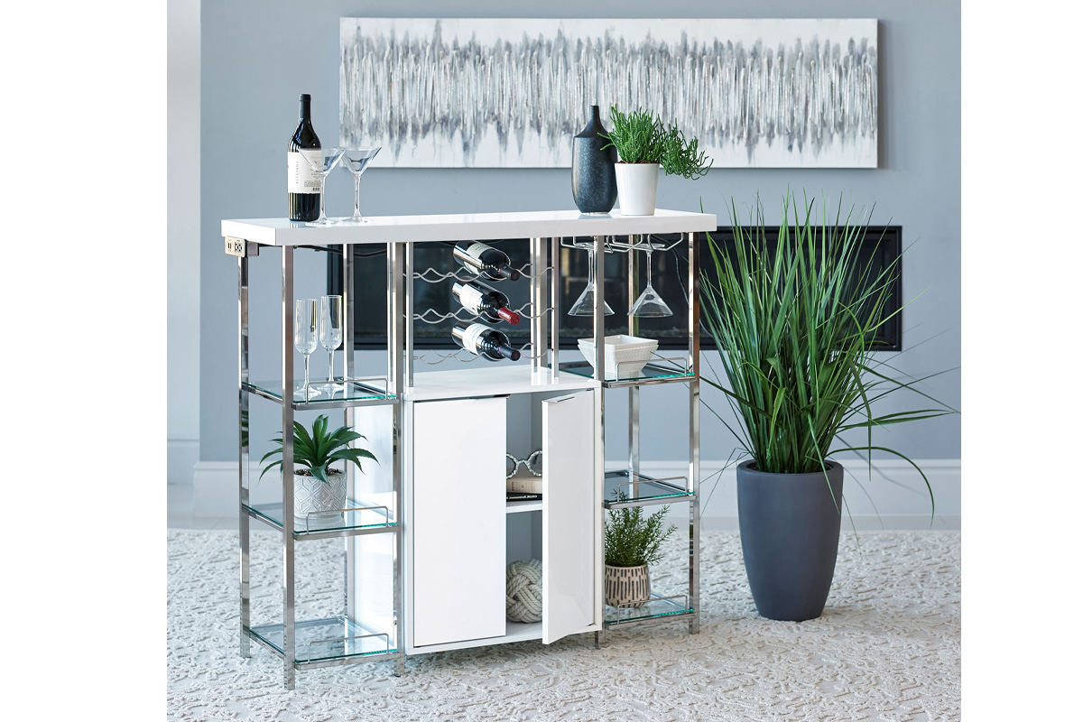 Gallimore 2-Door Bar Cabinet With Glass Shelf High Glossy White And Chrome