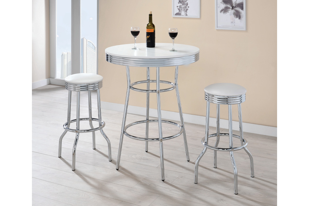3 Pcs Set Theodore Round Bar Table White And Chrome w/ 2 Bar Stools