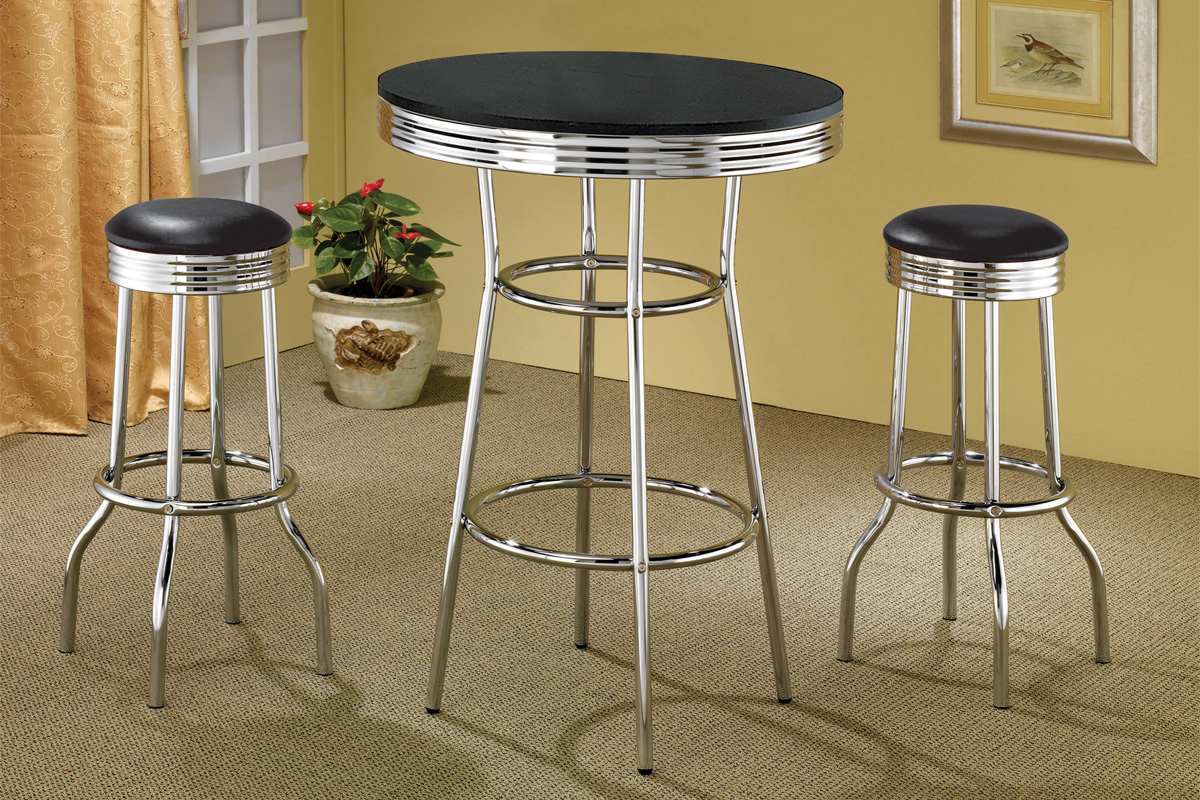 3 Pcs Set Theodore Round Bar Table Black And Chrome w/ 2 Bar Stools