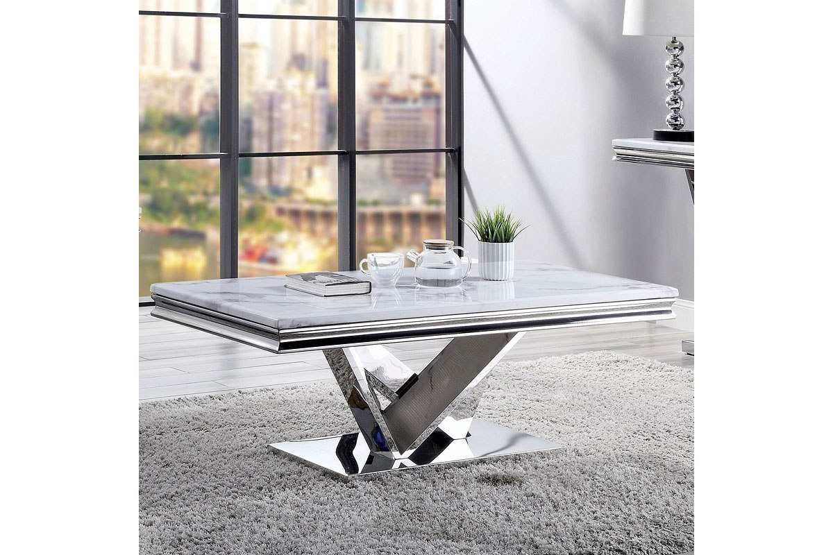 Villarsglane Glam Chrome Stainless Steel & Faux Marble Top Coffee Table