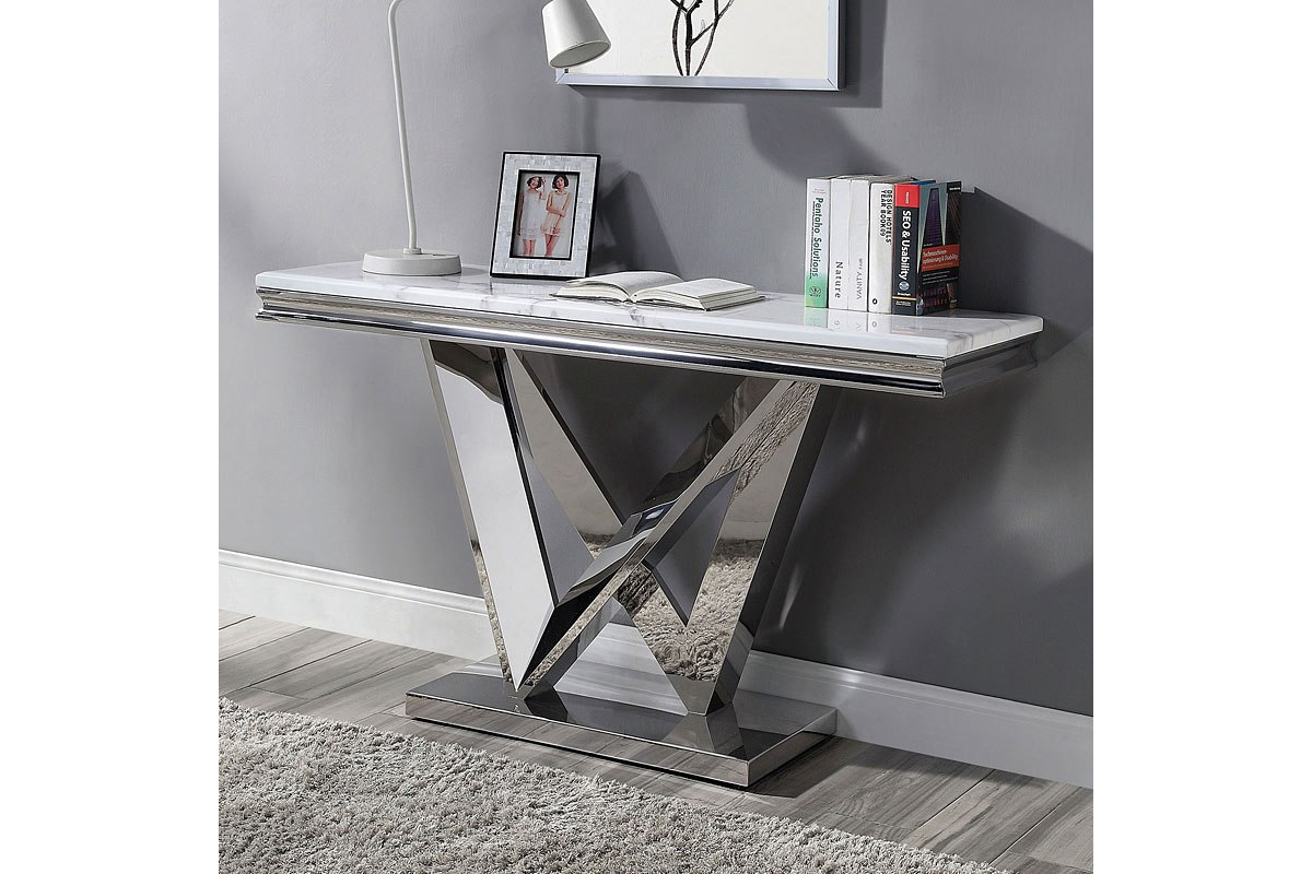 Villarsglane Glam Chrome Stainless Steel & Faux Marble Top Sofa Table