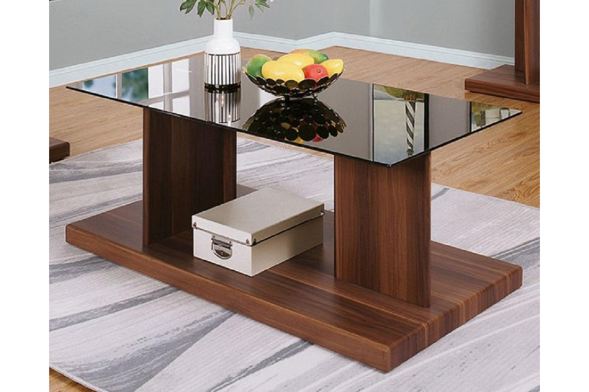 Mannedorf Contemporary Dark Walnut & Black Glass Top Coffee Table