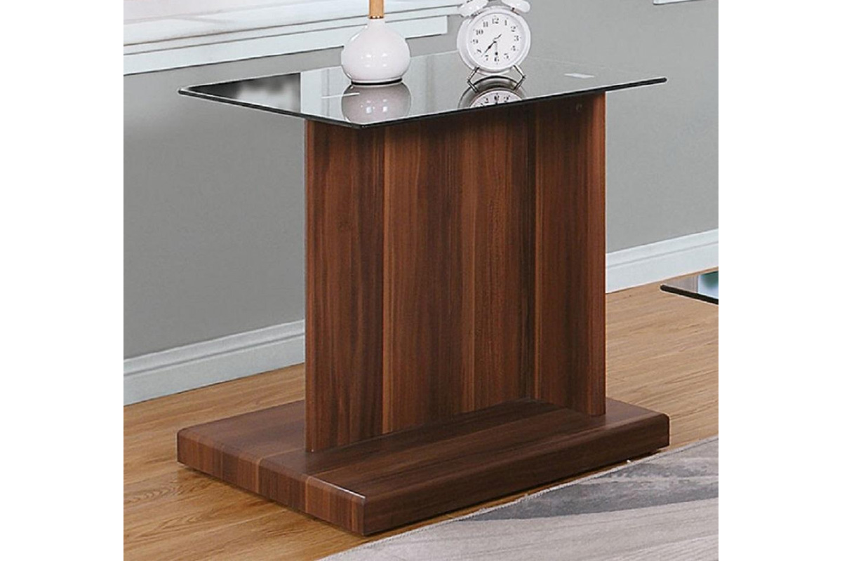 Mannedorf Contemporary Dark Walnut & Black Glass Top End Table