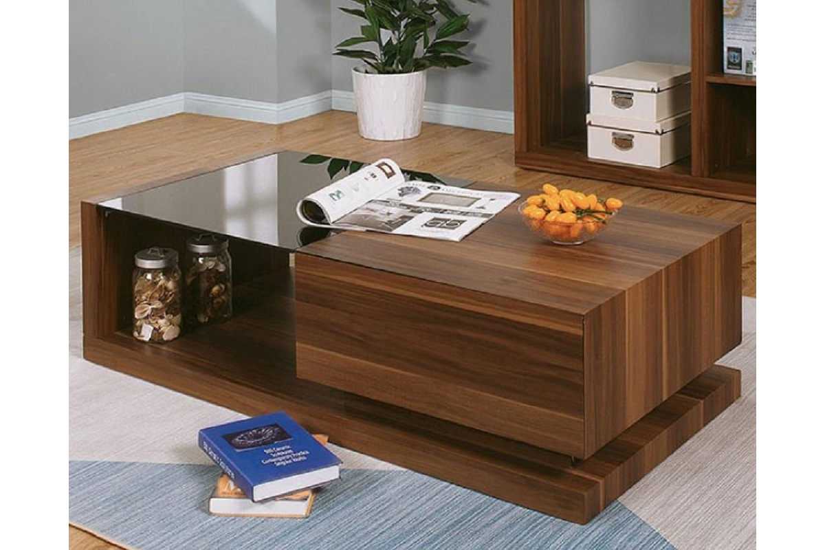 Langenthal Contemporary Dark Walnut & Black Glass Top Coffee Table