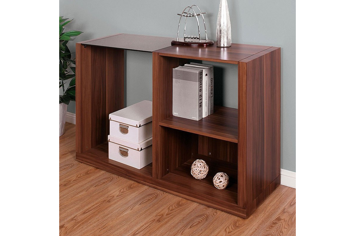 Langenthal Contemporary Dark Walnut & Black Glass Top Sofa Table