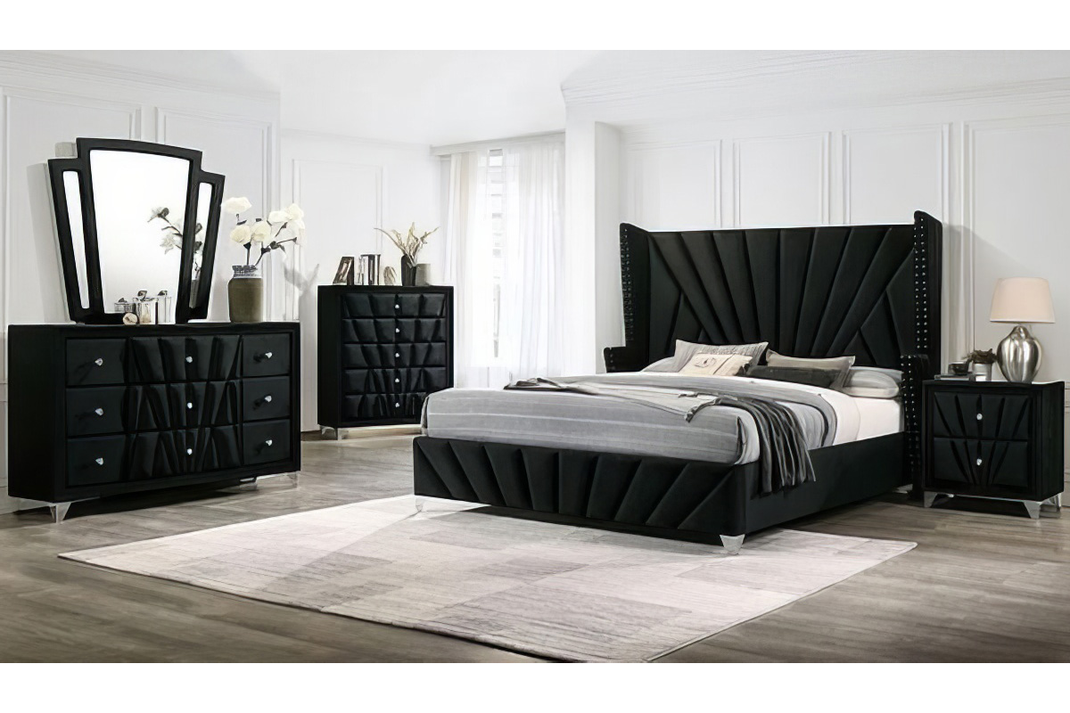 Carissa Black Transitional Solid Wood Queen Panel Bed