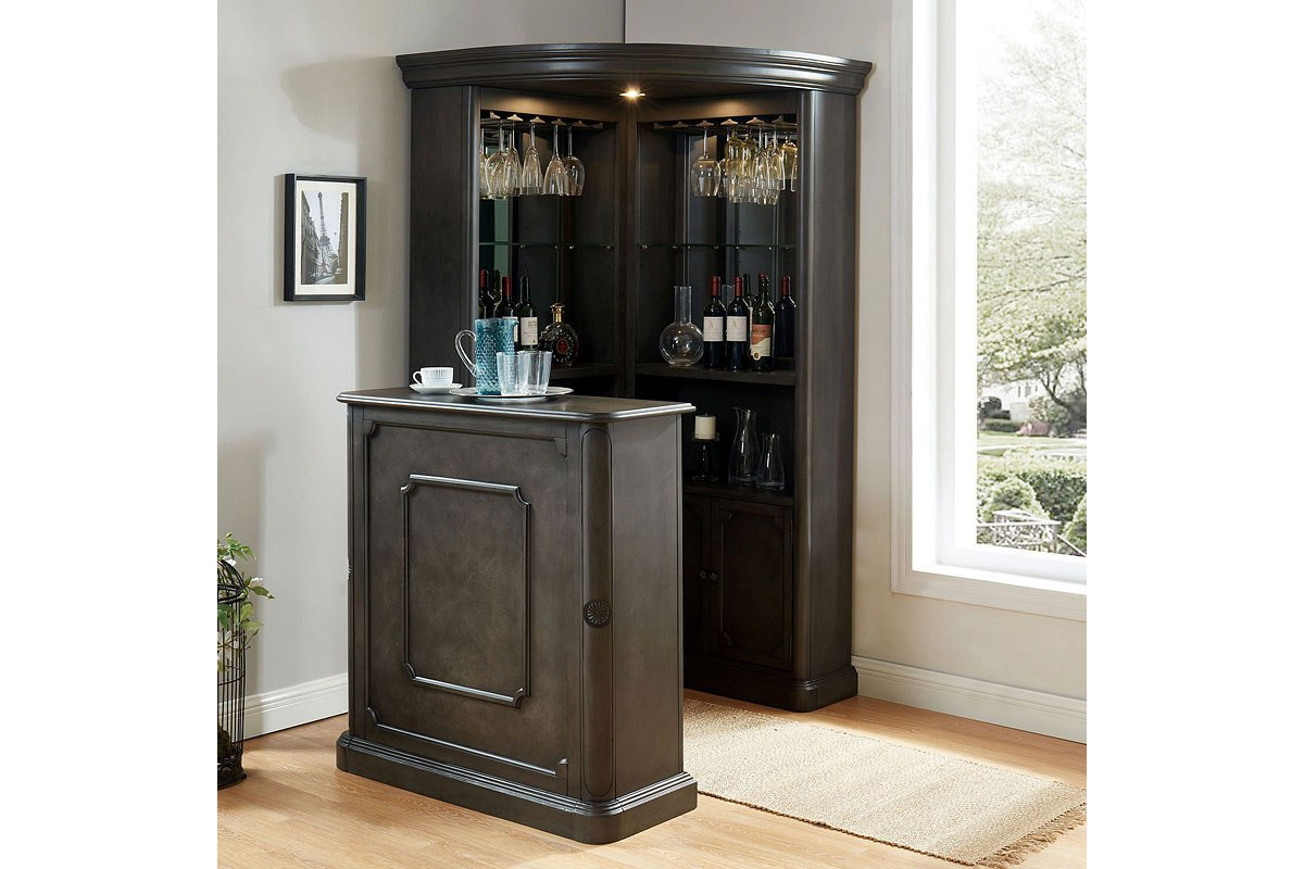2 Pcs Set Voltaire Traditional Grey Corner Curio with Bar Table
