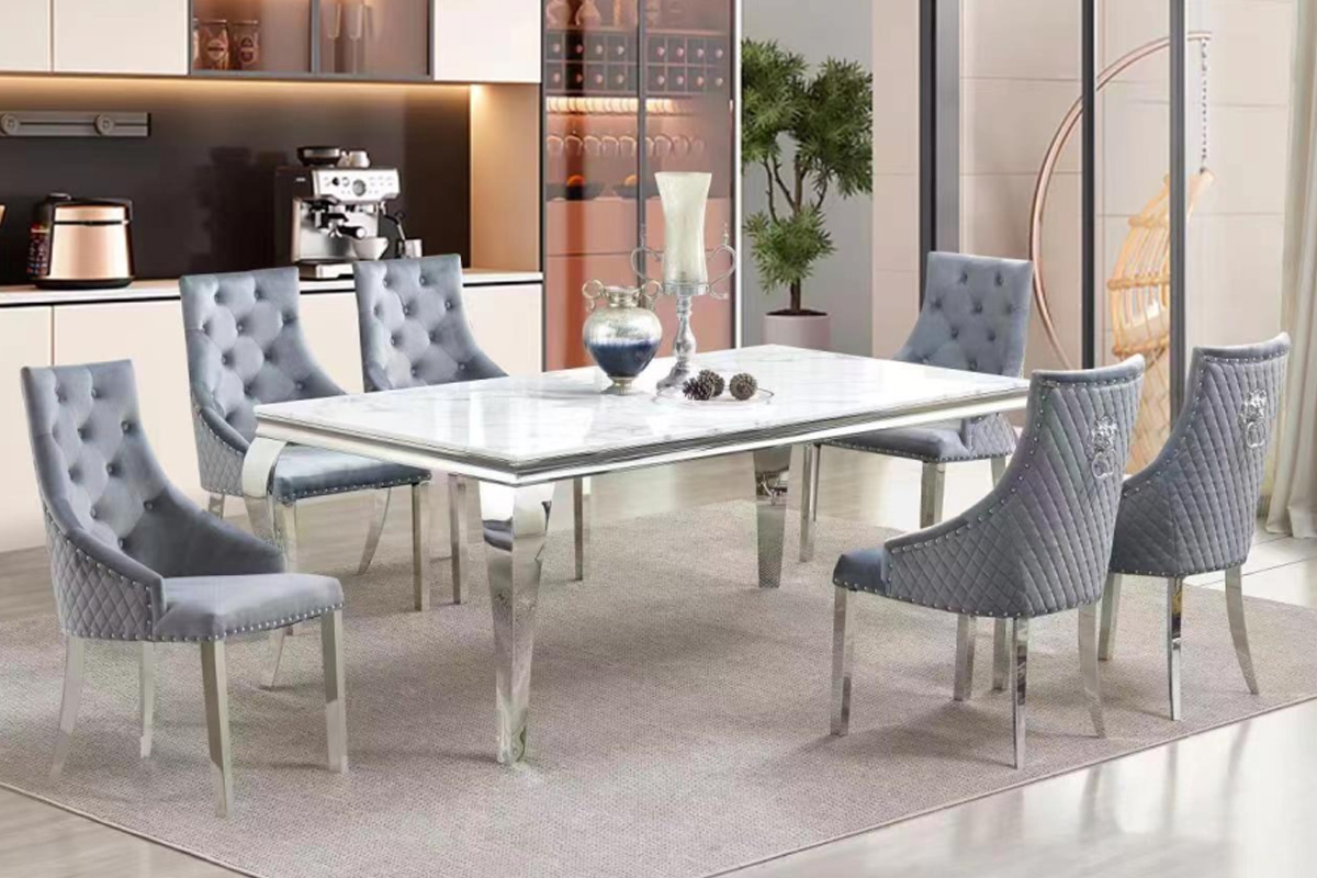 7 Pcs Set Faux White Marble With Chrome Legs Dining Table D1005-T