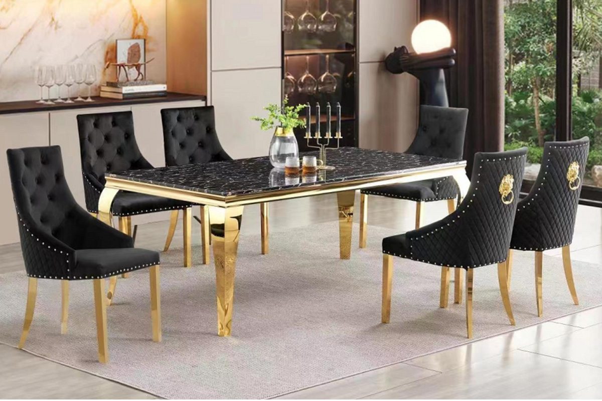7 Pcs Set Faux Black Golden Flower Marble with Gold Legs Dining Table D1006-T