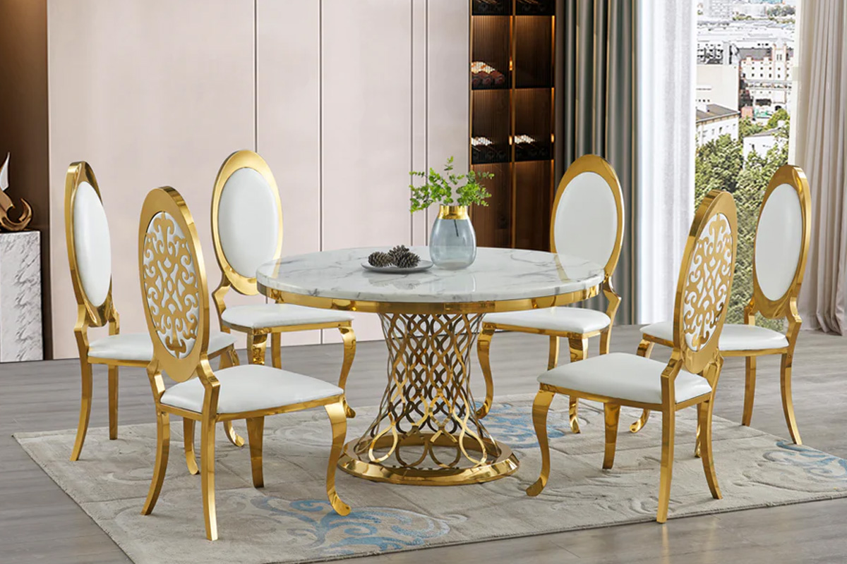 5 Pcs Set Faux White Marble Table with Gold Base D1011-T