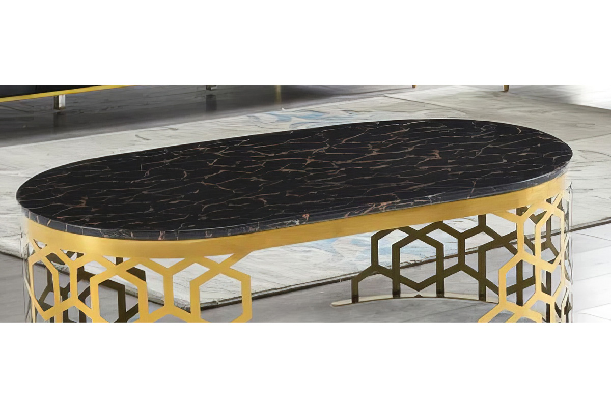 Black Faux Marble Contemporary Coffee Table with Gold Accents; Caster Wheels