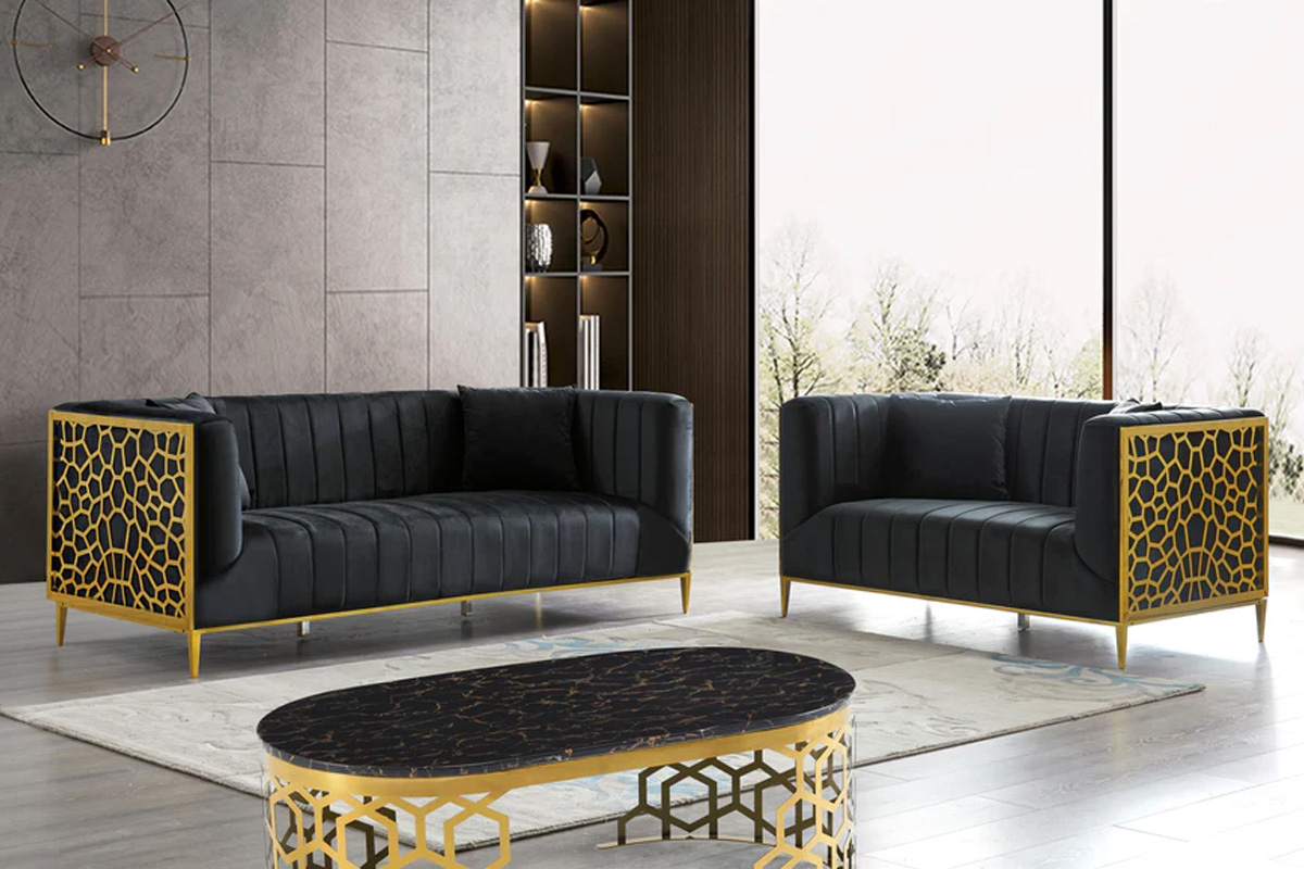 2 Pcs Sofa & Loveseat Black Velvet w/ Gold Frame