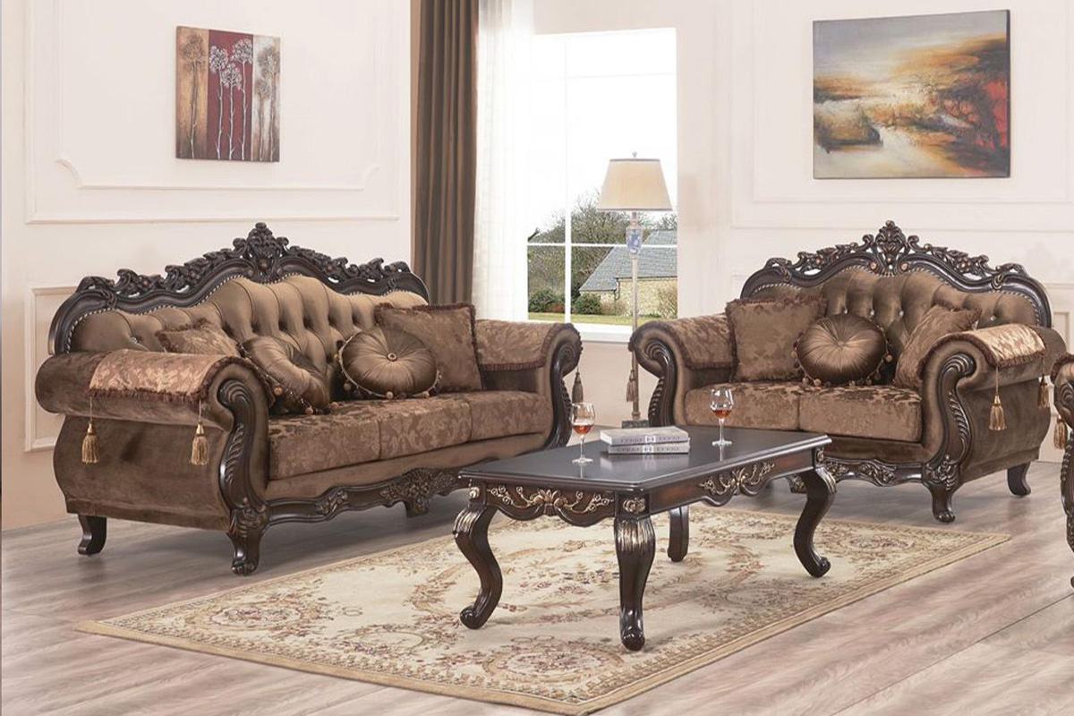2 Pcs Set Sofa & Loveseat Dark Walnut Carved Wood