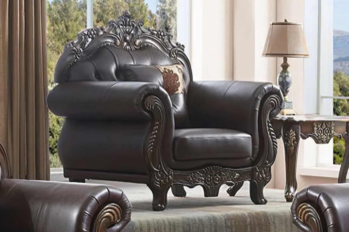 Dark Walnut Bonded Leather Carved Wood Chair