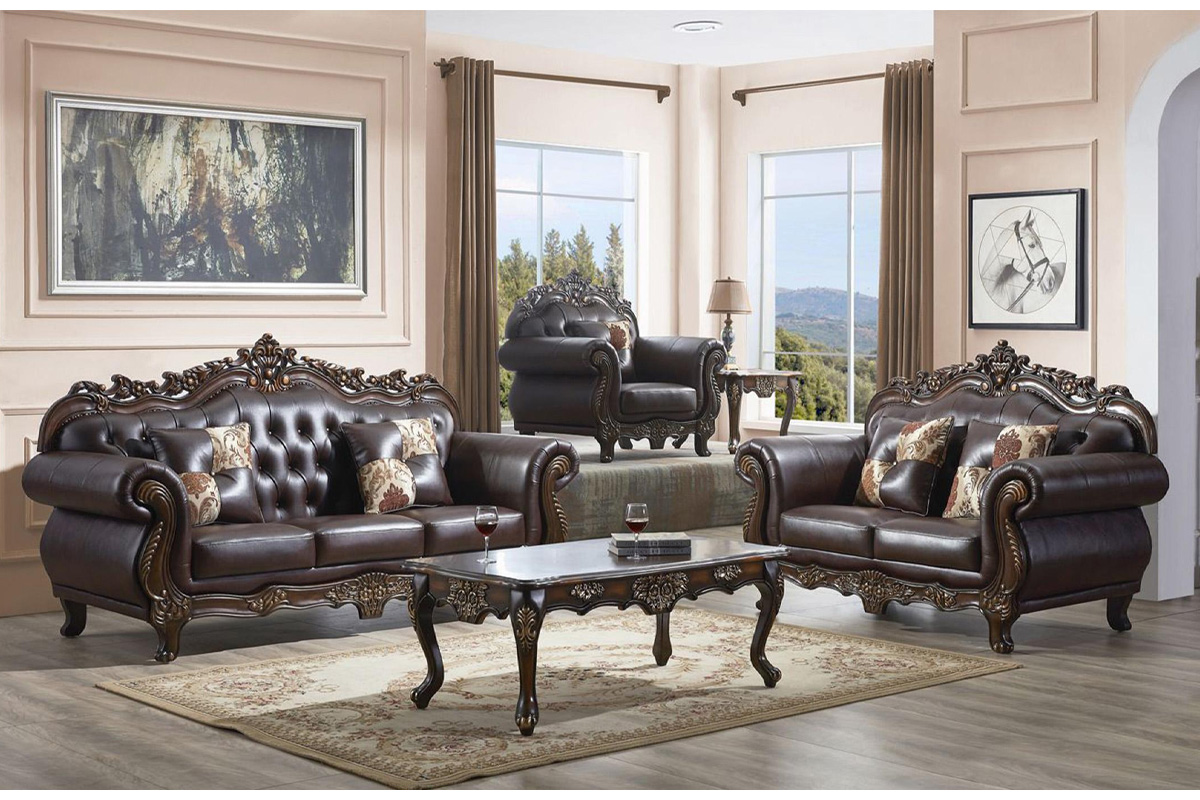 2 Pcs Set Sofa & Loveseat Dark Walnut Bonded Leather Carved Wood