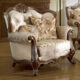 French Beige Chenille Cherry Carved Wood Chair