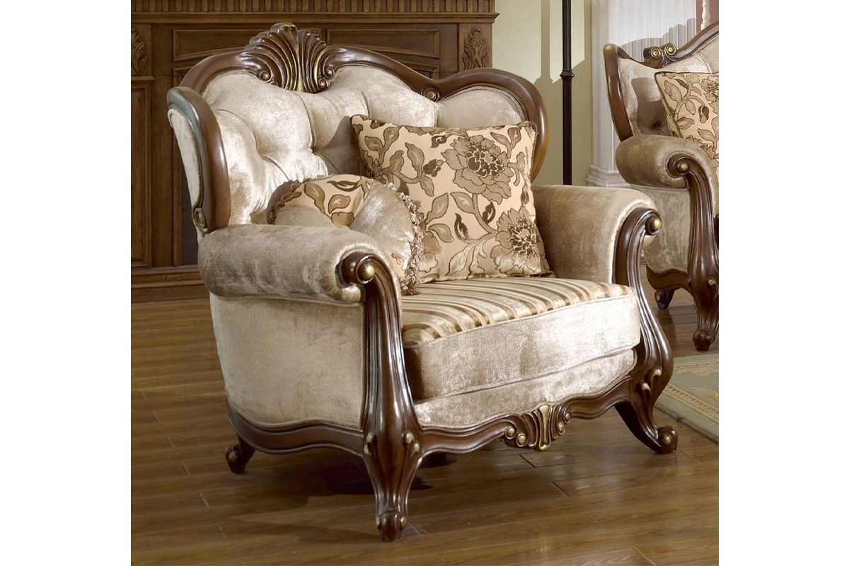 French Beige Chenille Cherry Carved Wood Chair